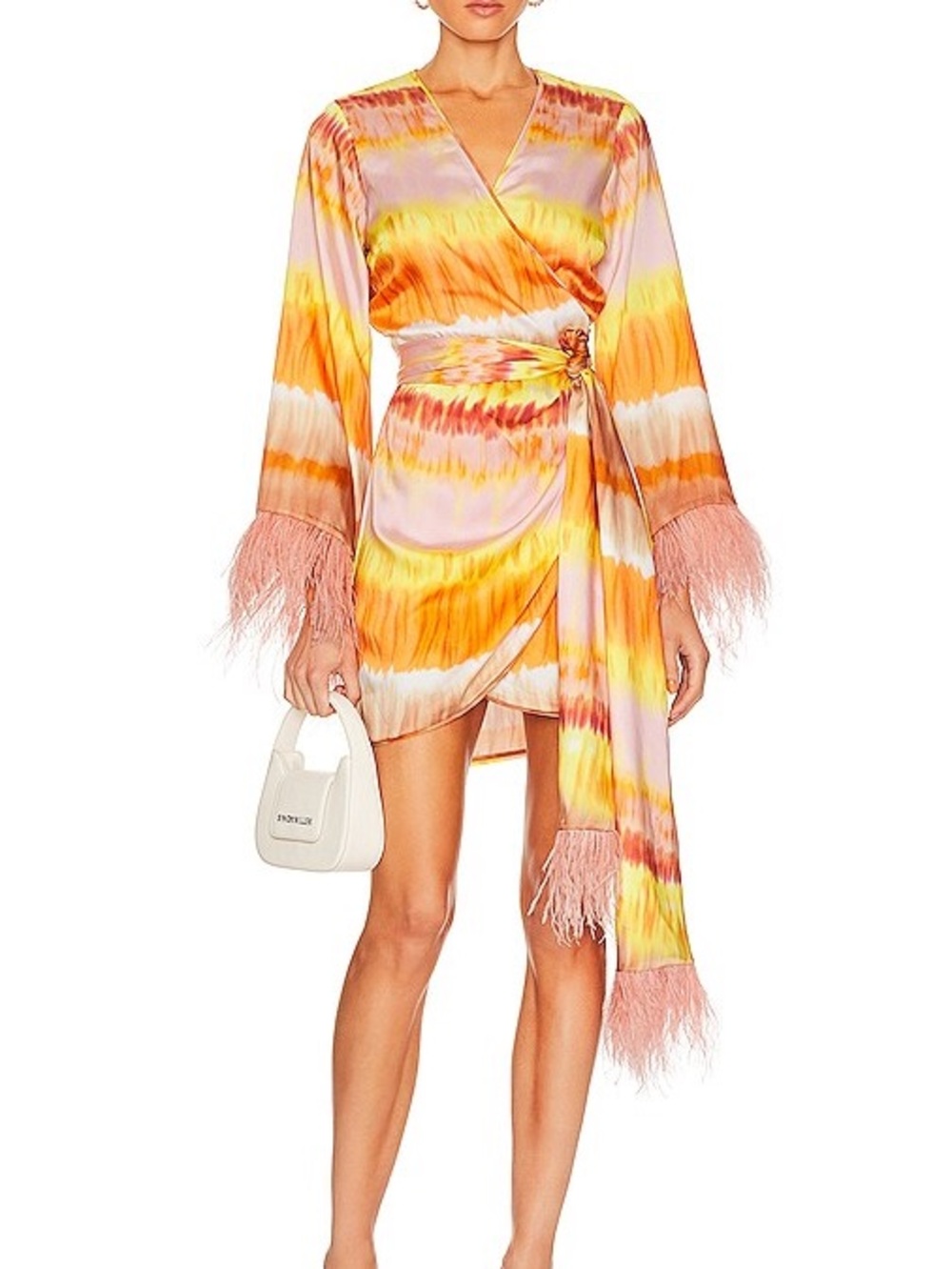 Alexis Tie-Dye Wrap Mini Dress with Feather Cuffs - Pink & Yellow & Orange